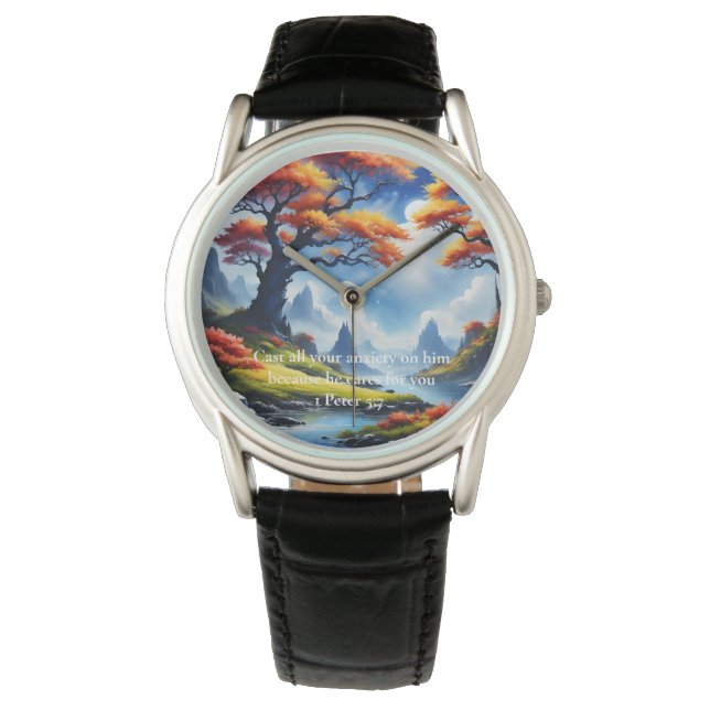 1 Peter 5:7 cross on a mountain  Watch (Front)