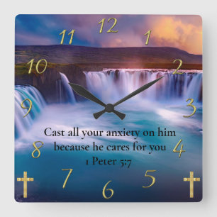 1 Peter 5:7 Gold Christian Faith Prayer Square Wall Clock