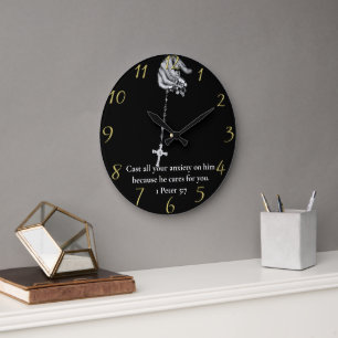 1 Peter 5:7 hand holding cross Large Clock