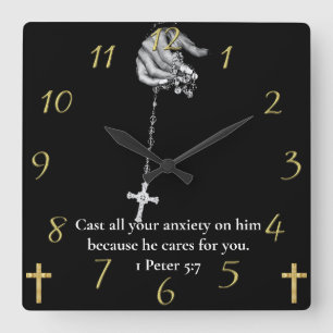 1 Peter 5:7 hand holding cross Square Wall Clock