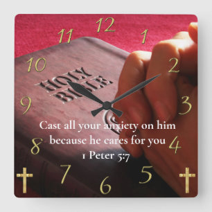 1 Peter 5:7 holy bible with hands Square Wall Clock