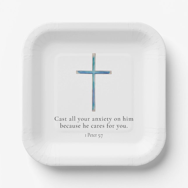 1 Peter 5:7 Minimalist Cross Paper Plate (Front)