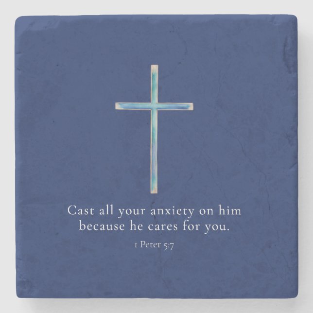 1 Peter 5:7 Minimalist Cross Stone Coaster (Front)