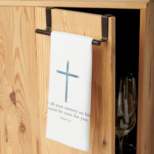 1 Peter 5:7 Minimalist Cross Tea Towel (Thirds Fold)