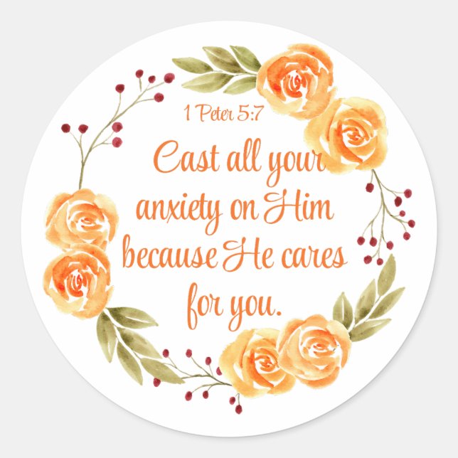 1 Peter 5:7 Orange Floral Bible Scripture Classic Round Sticker (Front)