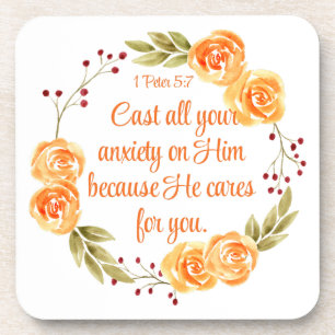 1 Peter 5:7 Orange Floral Bible Scripture Coaster
