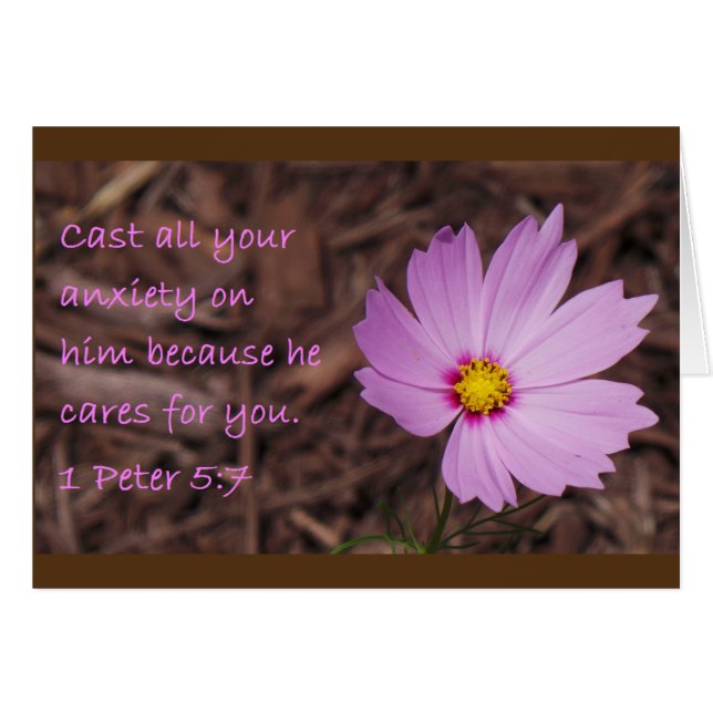 1 Peter 5:7 Scripture Card Flower brown border (Front Horizontal)