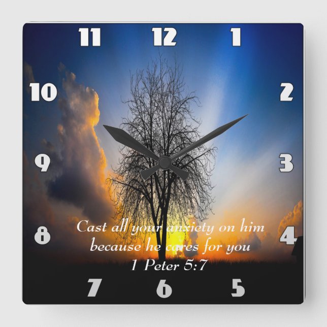1 Peter 5:7 tree in a field with blue sky Square Wall Clock (Front)