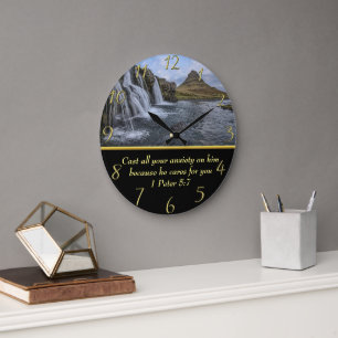 1 Peter 5:7 waterfalls in valley  Large Clock