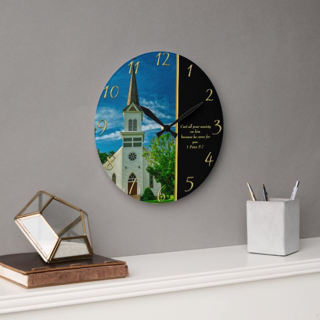 1 Peter 5:7  White Church  Large Clock (Office)