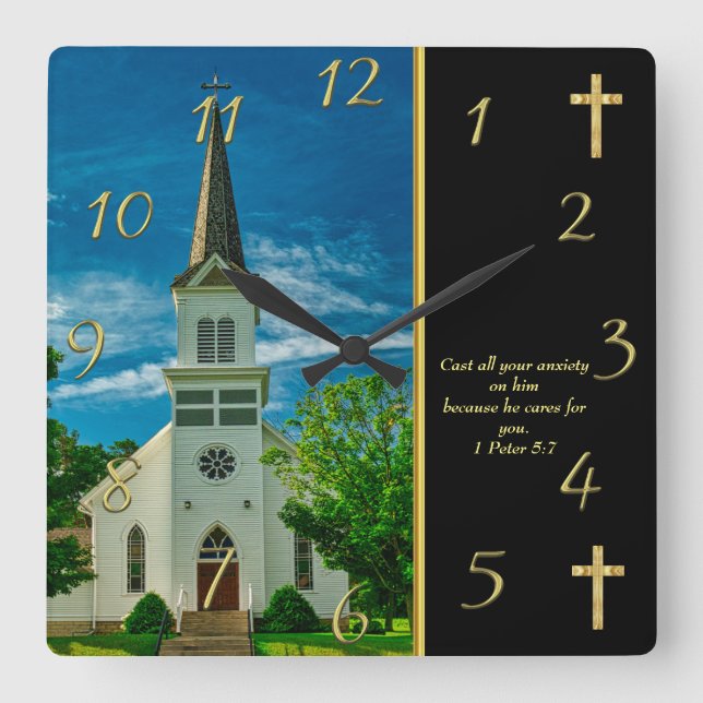 1 Peter 5:7 White Church  Square Wall Clock (Front)