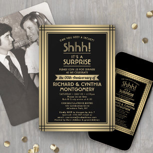 1 Photo Anniversary Surprise Party Black and Gold Invitation