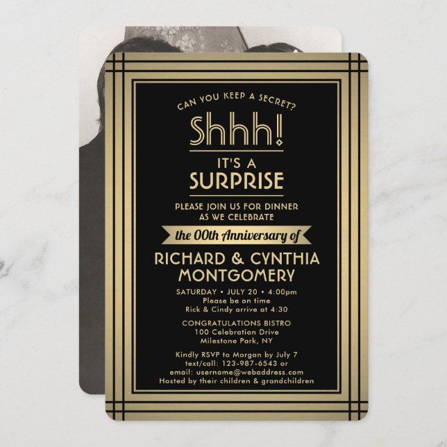 1 Photo Anniversary Surprise Party Black and Gold Invitation (Front/Back)