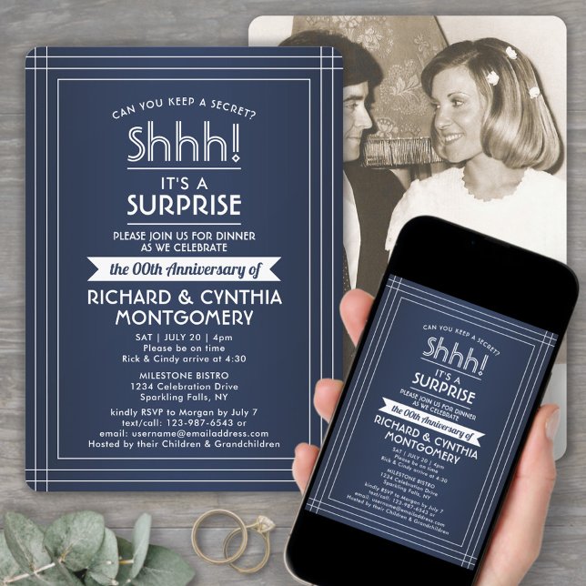 1 Photo Anniversary Surprise Party Navy Blue White Invitation (Creator Uploaded)