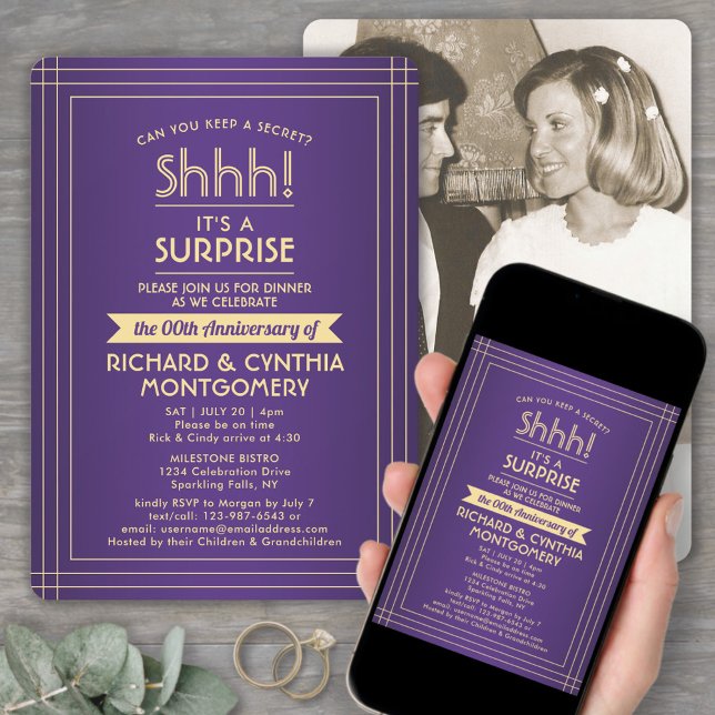 1 Photo Anniversary Surprise Party Purple and Gold Invitation (Creator Uploaded)