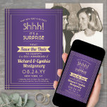 1 Photo Anniversary Surprise Party Purple and Gold Save The Date<br><div class="desc">Can you keep a secret? Invite family and friends to an elegant and exciting surprise anniversary party with custom photo purple and gold save the date invitations. Picture and all wording on this template are simple to personalise, including message that reads "Shhh! It's a SURPRISE." The design features a modern...</div>