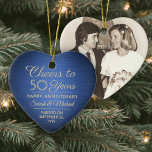 1 Photo ANY Anniversary Cheers Blue and Gold Heart Ceramic Tree Decoration<br><div class="desc">Cheers and Happy Anniversary! Celebrate any year wedding anniversary with a custom photo blue and gold heart-shaped ceramic ornament. Picture, number of years, couple's names, and marriage date on this template are all simple to personalize. Design features a navy blue faux brushed metallic background, vintage art deco style typography, elegant...</div>