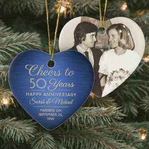 1 Photo ANY Anniversary Cheers Blue and Gold Heart Ceramic Tree Decoration