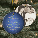 1 Photo ANY Anniversary Cheers Brushed Blue & Gold Ceramic Tree Decoration<br><div class="desc">Cheers and Happy Anniversary! Celebrate any year wedding anniversary with a custom photo blue and gold round ceramic ornament. Picture, number of years, couple's names, and marriage date on this template are all simple to personalize. Design features a navy blue faux brushed metallic background, vintage art deco style typography, elegant...</div>