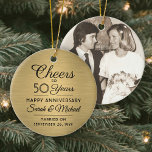 1 Photo ANY Anniversary Cheers Brushed Faux Gold Ceramic Tree Decoration<br><div class="desc">Cheers and Happy Anniversary! Celebrate any year wedding anniversary with a custom photo black and gold round ceramic ornament. Picture, number of years, couple's names, and marriage date on this template are all simple to personalize. Design features a gold faux brushed metallic background, vintage art deco style typography, elegant script...</div>