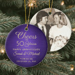 1 Photo ANY Anniversary Cheers Brushed Purple Gold Ceramic Tree Decoration<br><div class="desc">Cheers and Happy Anniversary! Celebrate any year wedding anniversary with a custom photo purple and gold round ceramic ornament. Picture, number of years, couple's names, and marriage date on this template are all simple to personalize. Design features a purple faux brushed metallic background, vintage art deco style typography, elegant script...</div>