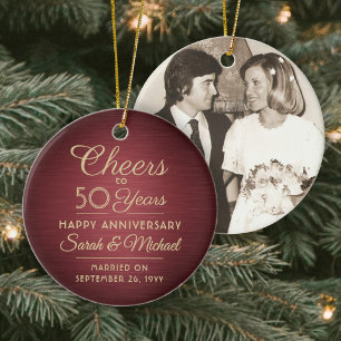 1 Photo ANY Anniversary Cheers Brushed Red & Gold Ceramic Tree Decoration