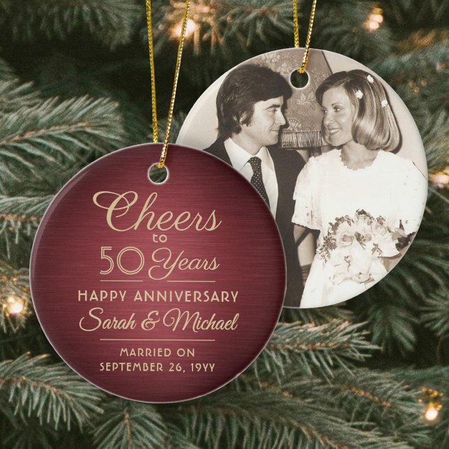 1 Photo ANY Anniversary Cheers Brushed Red & Gold Ceramic Tree Decoration (Creator Uploaded)