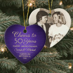 1 Photo ANY Anniversary Cheers Purple & Gold Heart Ceramic Tree Decoration<br><div class="desc">Cheers and Happy Anniversary! Celebrate any year wedding anniversary with a custom photo purple and gold heart-shaped ceramic ornament. Picture, number of years, couple's names, and marriage date on this template are all simple to personalize. Design features a purple faux brushed metallic background, vintage art deco style typography, elegant script...</div>