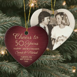 1 Photo ANY Anniversary Cheers Red and Gold Heart Ceramic Tree Decoration<br><div class="desc">Cheers and Happy Anniversary! Celebrate any year wedding anniversary with a custom photo red and gold heart-shaped ceramic ornament. Picture, number of years, couple's names, and marriage date on this template are all simple to personalize. Design features a burgundy faux brushed metallic background, vintage art deco style typography, elegant script...</div>