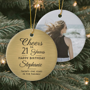 1 Photo ANY Birthday Brushed Black and Gold Round Ceramic Tree Decoration