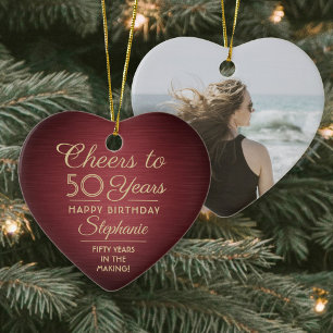 1 Photo ANY Birthday Brushed Burgundy & Gold Heart Ceramic Tree Decoration