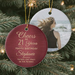 1 Photo ANY Birthday Brushed Burgundy & Gold Round Ceramic Tree Decoration<br><div class="desc">Cheers and Happy Birthday! Celebrate a joyful milestone birthday with a custom photo burgundy and gold round ceramic ornament. All wording on this template (including "Cheers to 21 Years") is set up for a 21st birthday, but is simple to personalise for any year or event type. Design features a dark...</div>