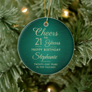 1 Photo ANY Birthday Brushed Green and Gold Round Ceramic Tree Decoration