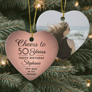 1 Photo ANY Birthday Brushed Pink Rose Gold Heart Ceramic Tree Decoration