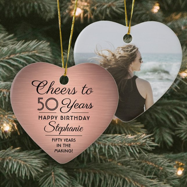 1 Photo ANY Birthday Brushed Pink Rose Gold Heart Ceramic Tree Decoration (Creator Uploaded)