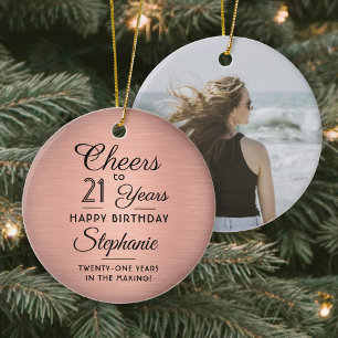 1 Photo ANY Birthday Brushed Pink Rose Gold Round Ceramic Tree Decoration