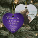 1 Photo ANY Birthday Brushed Purple and Gold Heart Ceramic Tree Decoration<br><div class="desc">Cheers and Happy Birthday! Celebrate a joyful milestone birthday with a custom photo heart shaped purple and gold ceramic ornament. All wording on this template (including "Cheers to 50 Years") is set up for a 50th birthday, but is simple to personalise for any year or event type. Design features a...</div>