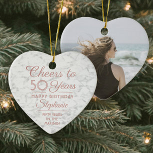 1 Photo ANY Birthday Pink White Faux Marble Heart Ceramic Tree Decoration