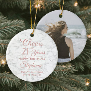 1 Photo ANY Birthday Pink White Faux Marble Round Ceramic Tree Decoration