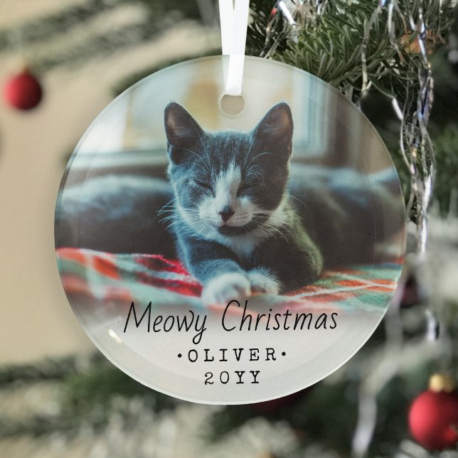1 Photo Any Text Meowy Christmas Cat Simple Script Glass Tree Decoration (Creator Uploaded)