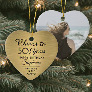 1 Photo Any Year Birthday Brushed Faux Gold Heart Ceramic Tree Decoration