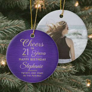 1 Photo Any Year Birthday Cheers Purple and Gold Ceramic Tree Decoration