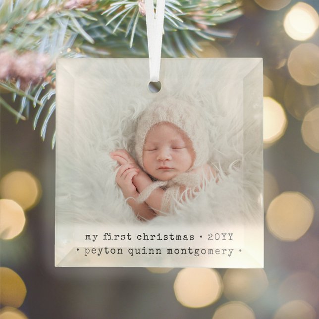 1 Photo Baby's 1st Christmas Modern Minimal Square Glass Tree Decoration (Creator Uploaded)