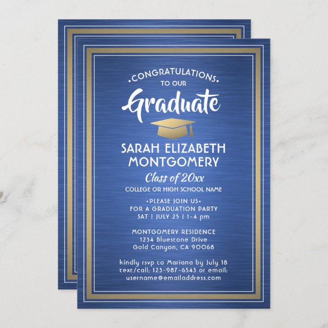 1 Photo Brushed Royal Blue and Gold Graduation Invitation (Front/Back)