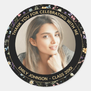 1 Photo Chic Black Floral Graduation Party Classic Round Sticker