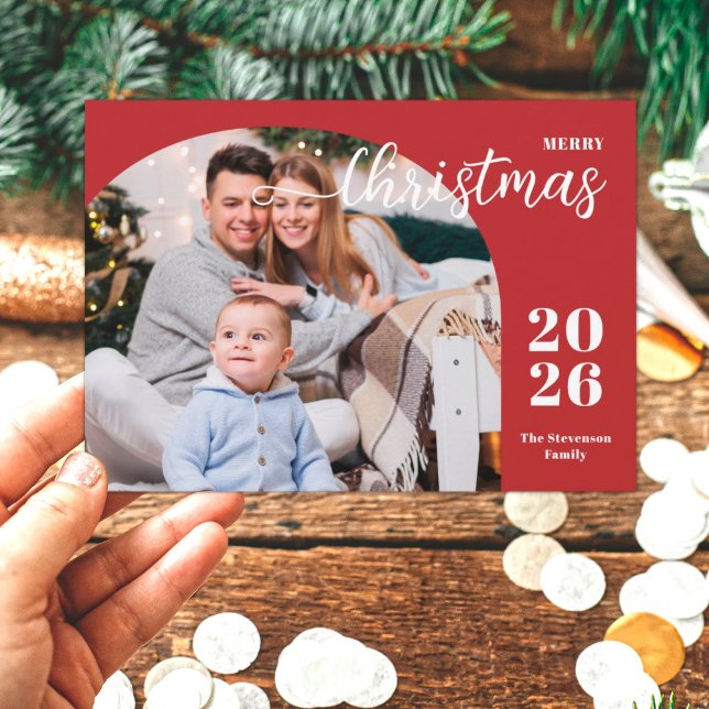 1 photo Christmas arch modern minimalist red Holiday Card (Creator Uploaded)