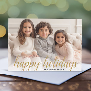 1 Photo Christmas Script Gold Damask Happy Holiday Card