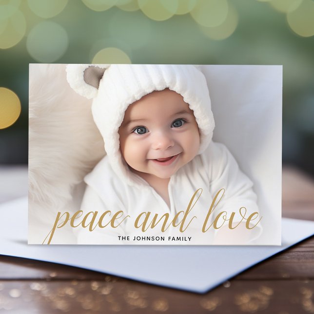 1 Photo Christmas Script Gold Damask Peace Holiday Card (Add 1 photo to this Online Christmas Card - A full photo with a modern script overlay.)