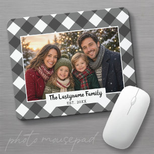 1 Photo Collage Family Name - Buffalo Check Black Mouse Mat