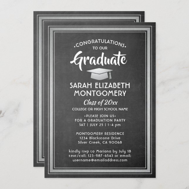 1 Photo Congratulations Chalkboard Grey Graduation Invitation (Front/Back)